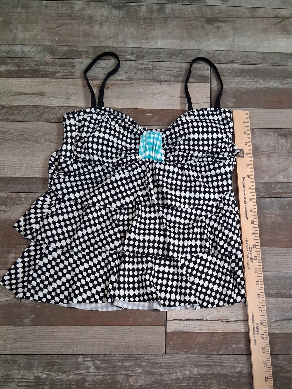 24th & Ocean Black, White, Turquoise Ruffle Tankini Swim Top Women's Size M